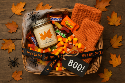 Create a Boo basket that is small and include Candy, 1 cozy/self-care item (like a candle or socks), plus spooky packaging 